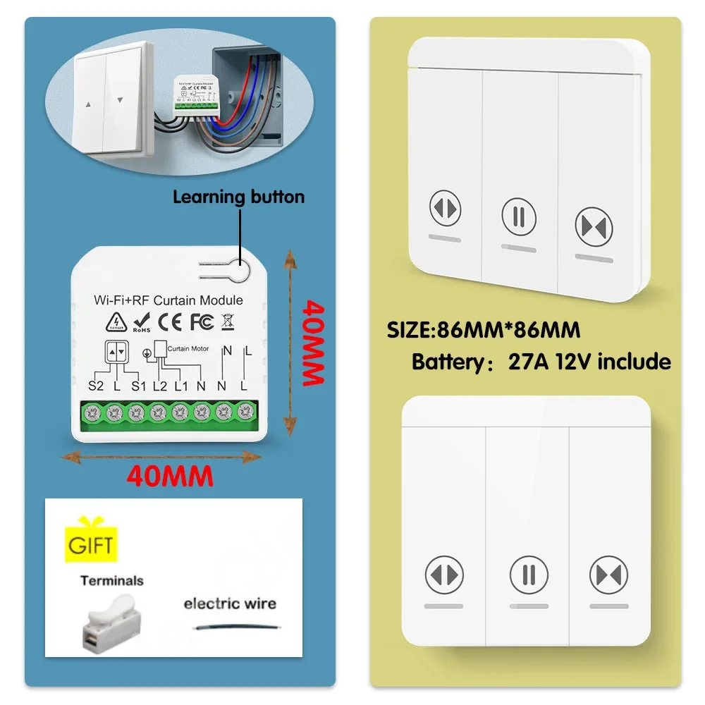 Tuya Smart Life Curtain Switch Wifi Rf Roller Shutter Module 433mhz wall panel Transmitter,for Garage Door Window Blinds Alexa