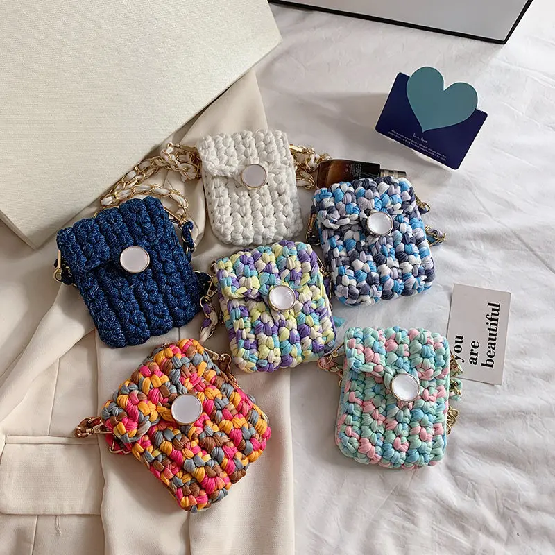 

Handmade Yarn Knitting Shoulder Bag Mini Rope Crochet Crossbody Bags for Women Coins Purses Women's Bag Chains Woven Sling Bags