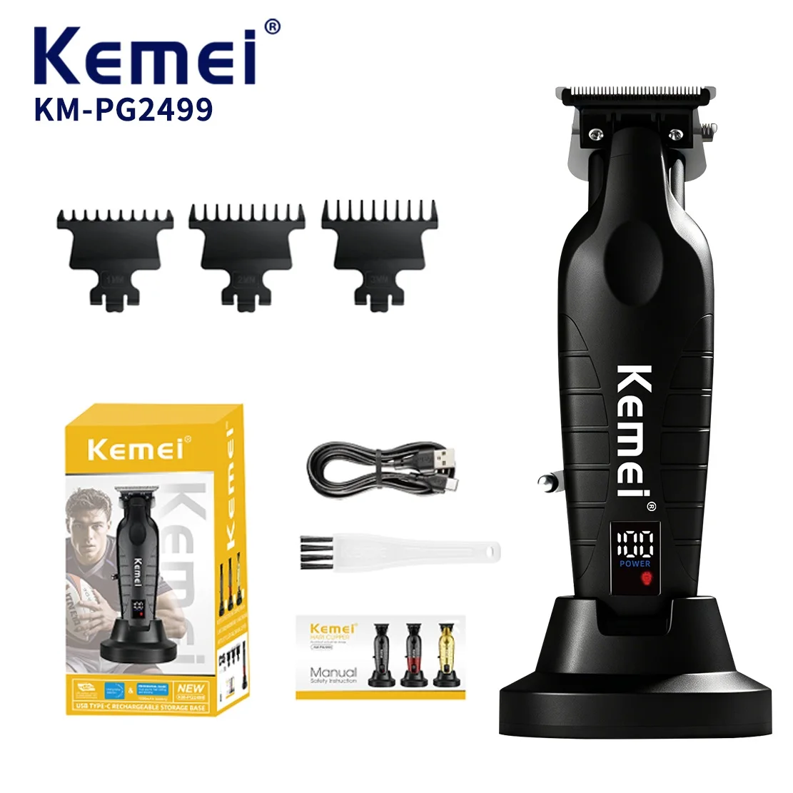 KEMEI Km-PG2499 Cordless Hair Clipper for Men with 1200mAh Battery 7000rpm Ceramic Blade Dual Charging Base Beard Trimmer