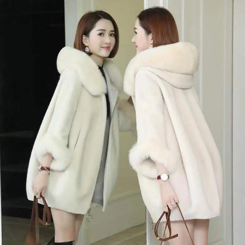 VOLALO New Winter Clothing Imitate Fur Coat Female Mid-length Imitate Fox Fur Collar Hooded Imitate Sheep Shearing Women Coat