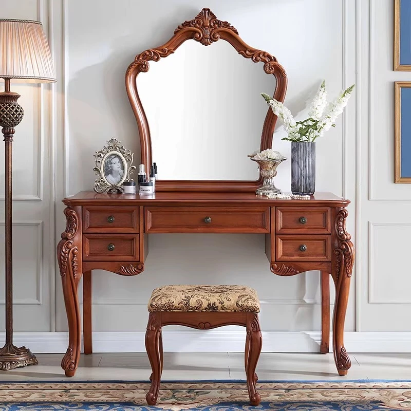

Solid wood dresser retro carved dresser European makeup table mirror dressing stool integrated table bedroom dressing table
