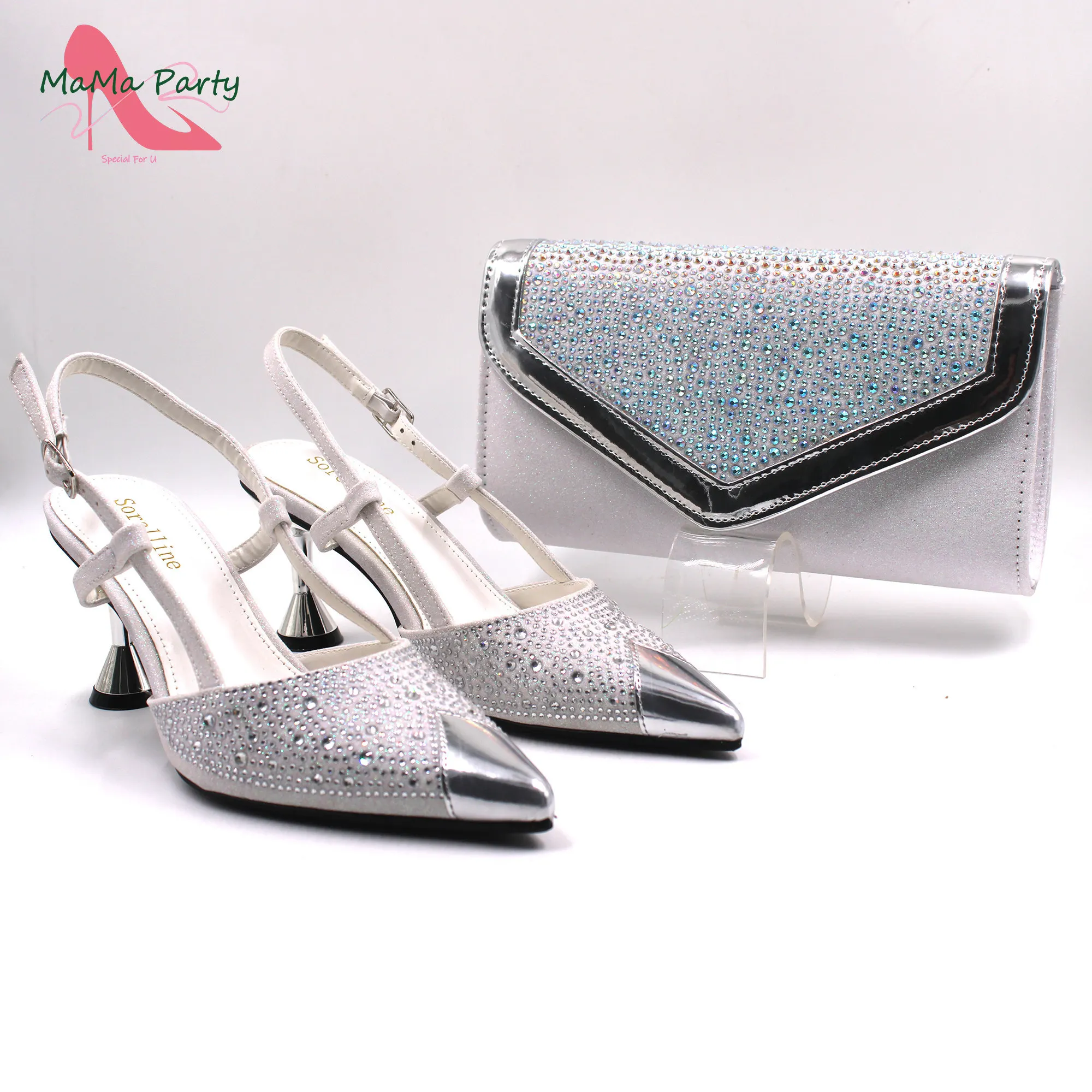 

2024 Sexy Office Ladies Shoes and Bag Set in Silver White Color High Quality New Design Pointed Toe with Crystal for Party