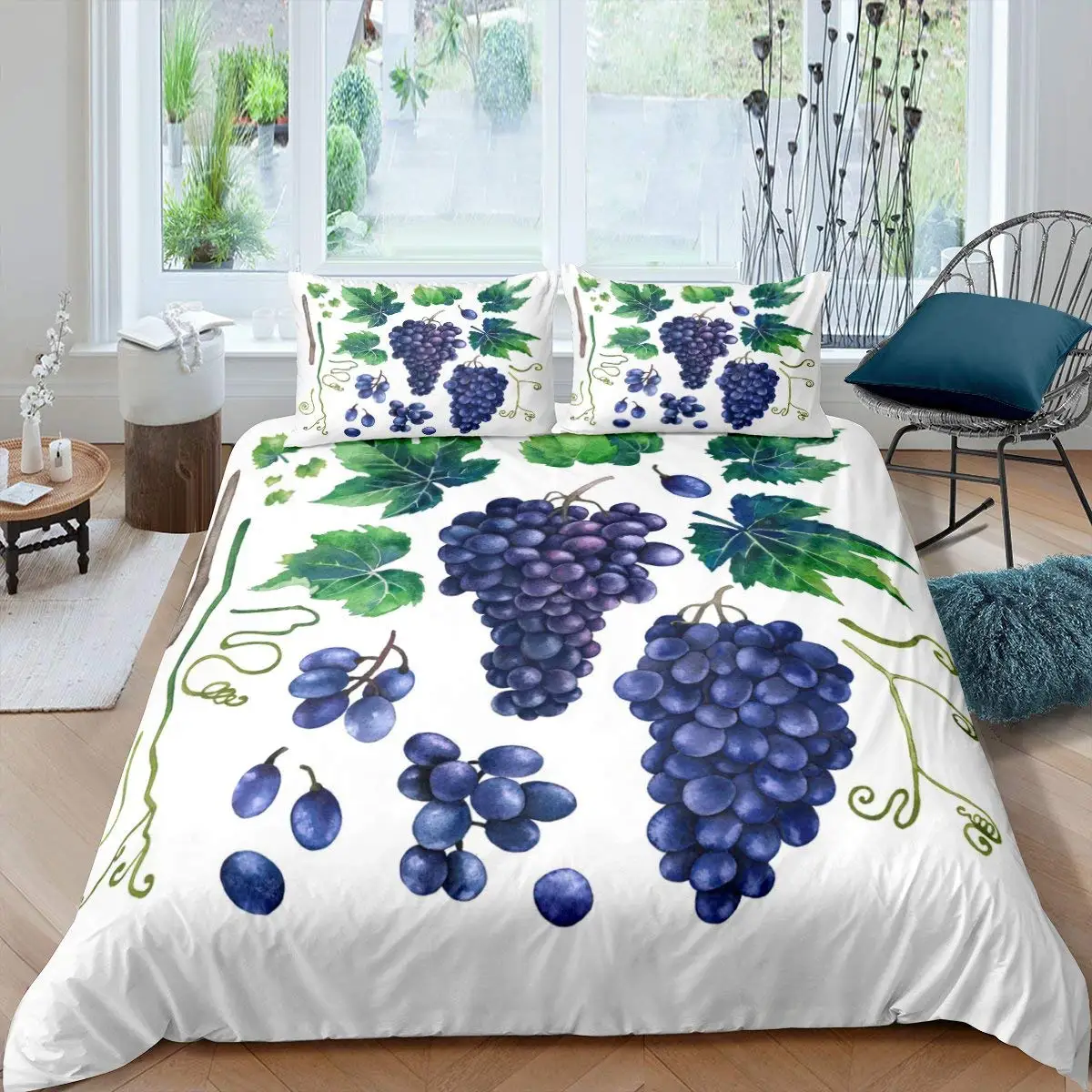 Purple Grape Comforter Cover Summer Fruit Duvet Cover Grapevine Leaves Plant Bedding Set Natural Garden Themed Quilt Cover