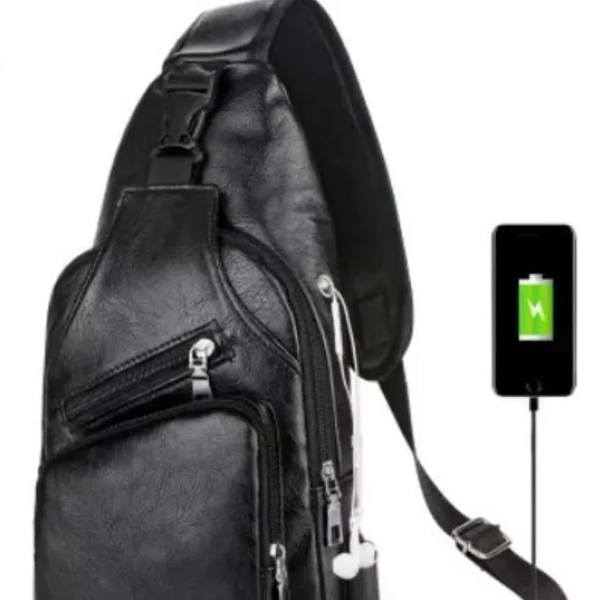 

New Casual Men's Messenger Bag for Outdoor Sports, USB Charging Chest Bag, Men's PU Business Cross-body Bag