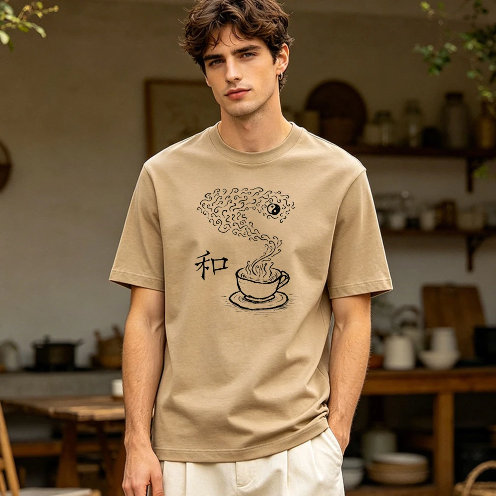 Chinese Character Harmony Tea Cup Yin Yang Smoke Line Men Cotton T Shirt Oriental Zen Simple Graphic Light Casual Tee
