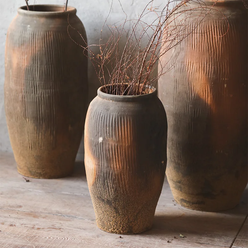 Yellow high-end earthenware jar, large vase decoration, living room floor to ceiling Chinese Zen style, quiet style homestay