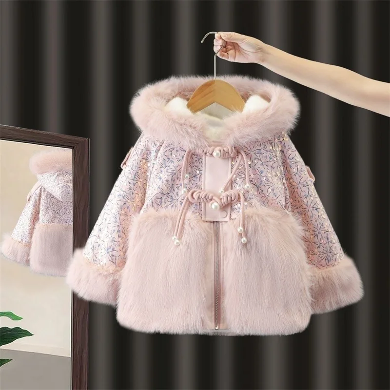 Girls Coat Jacket Winter Cotton Windbreak 2023 Sequin Warm Plus Thicken Velvet Furs School Outwear Children\'s Clothing