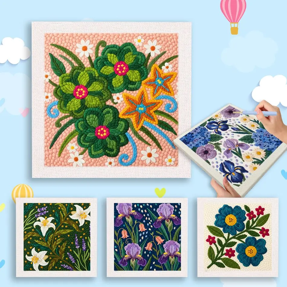 CHENISTORY Flower Punch Needle Frame Arts And Crafts Beginner Embroidery Kit Flower Embroidery Beginner Kit Wall Decor Craft