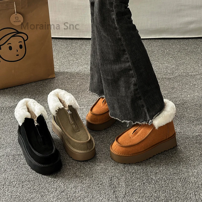 Fur Warm Snow Boots for Women Thick Sole Front Zipper Ankle Boots Women's Plush Winter Boots Turned Over Edge Cotton Shoes