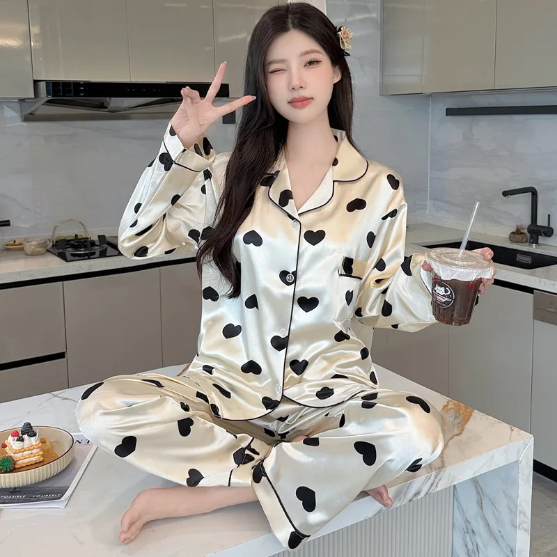 Spring and Summer New Models Full of Love Student Loungewear Two-piece Set 2026 Cross-border Silk Feel Ice Silk Women's Pajamas