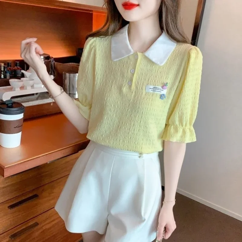 Women's Yellow Contrast Collar Polo Shirt Puff Sleeve Sweet Casual Summer Chiffon Blouse