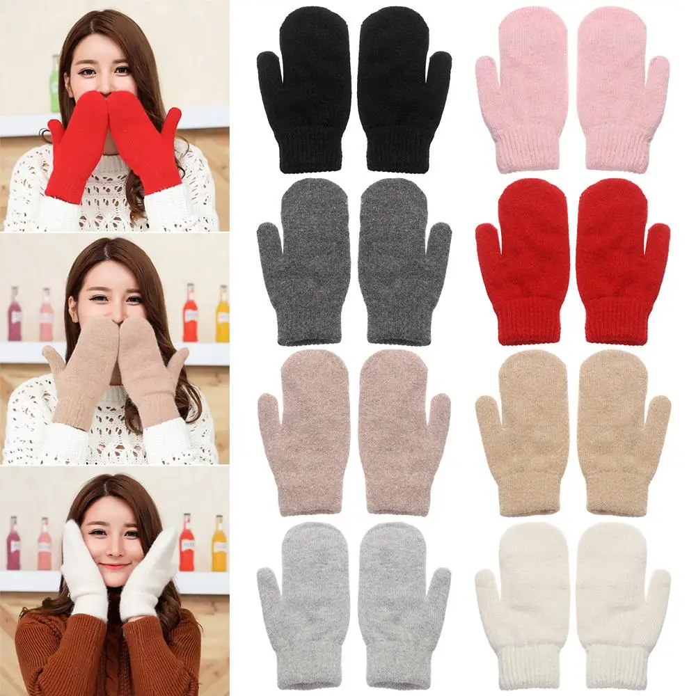 

Women Girl Plush Solid Color All Fingers Double Layer Winter Gloves Rabbit Hair Mittens Motorcycle Glove