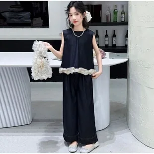 2026 summer girl Cloth Children set blue lace patchwork Teenager top t shirt vest sleeveless + wide leg long pants 4 8 12 year