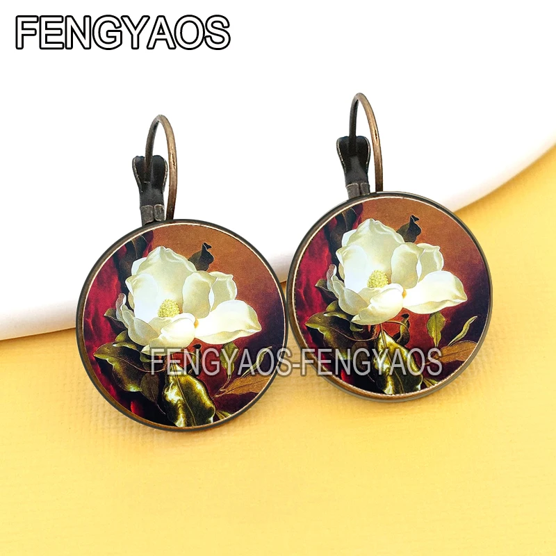 Vintage White Rose Bronze Color Earrings Fashion France Earrings for Women Camellia Flower Glass Cabochon Jewelry Girl Gift