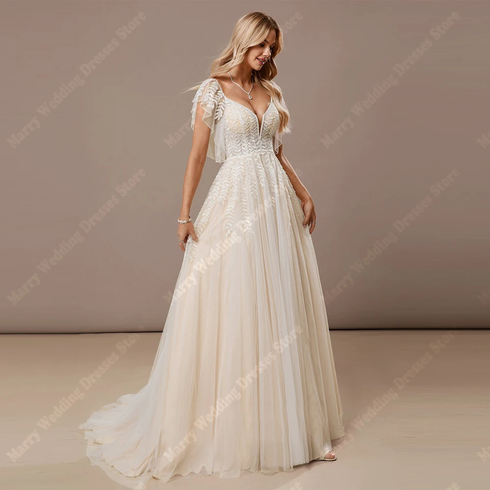 

Fascinating Women Wedding Dresses Sexy V-Neck A-Line Tulle Bride Gowns Mopping Length Backless Banquet Robe De Mariée Customized