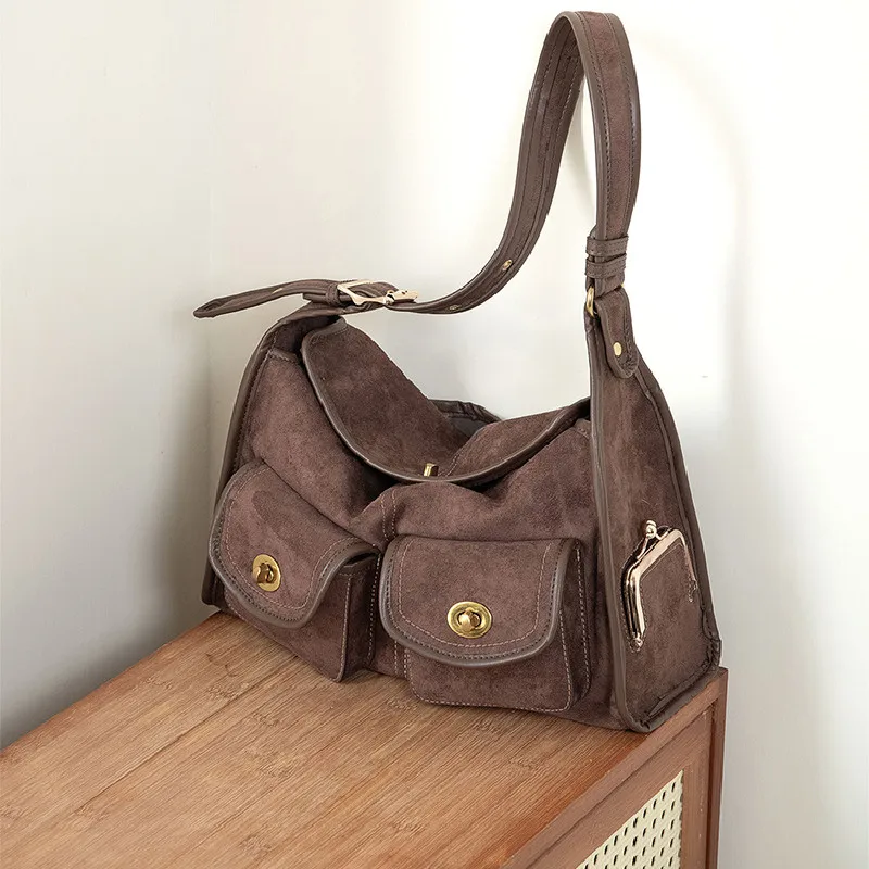 

Casual Commuter Large Capacity Suede Pillow Bag Single Shoulder Crossbody Bag Vintage Style Polyester Lining Zipper Closure