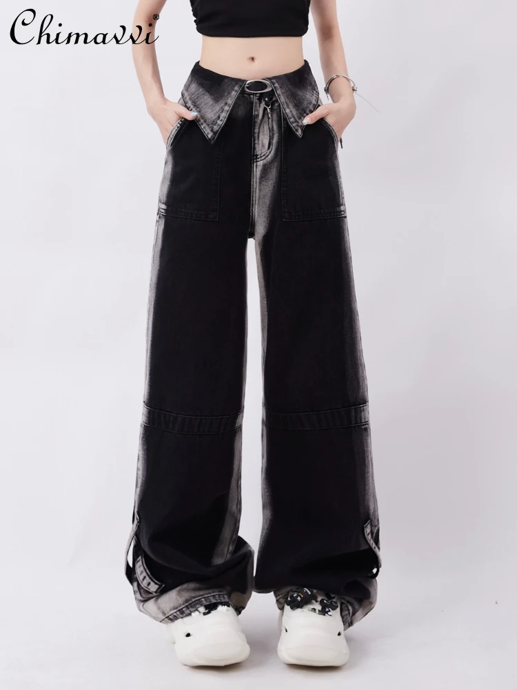 

Korean Style Jeans Women 2023 Summer High Street Cuffed Casual All-Matching Wide Leg Cargo Pants Black Wide Leg Pants Female