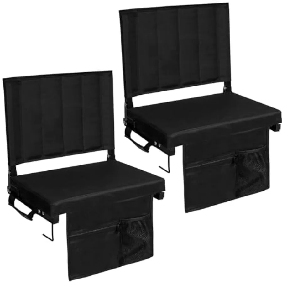 

2PK Stadium Bleacher Seats with Back Support Thick Padded Waterproof Folding Chairs in Black for Sports Events Camping Portable