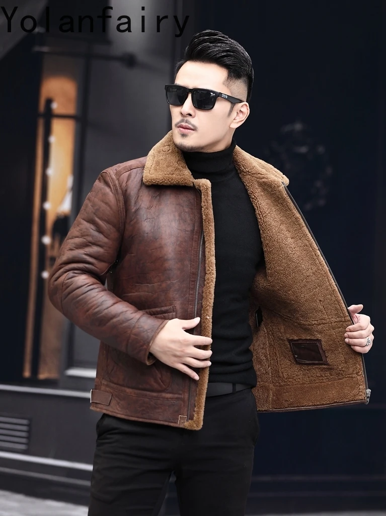 YOLANFAIRY Natuurlijke Bontjas Man Luxe Winter 100% Echte Schapenvacht Leren Jas Mannen Casual Korte Heren Lederen Bontjassen 2025