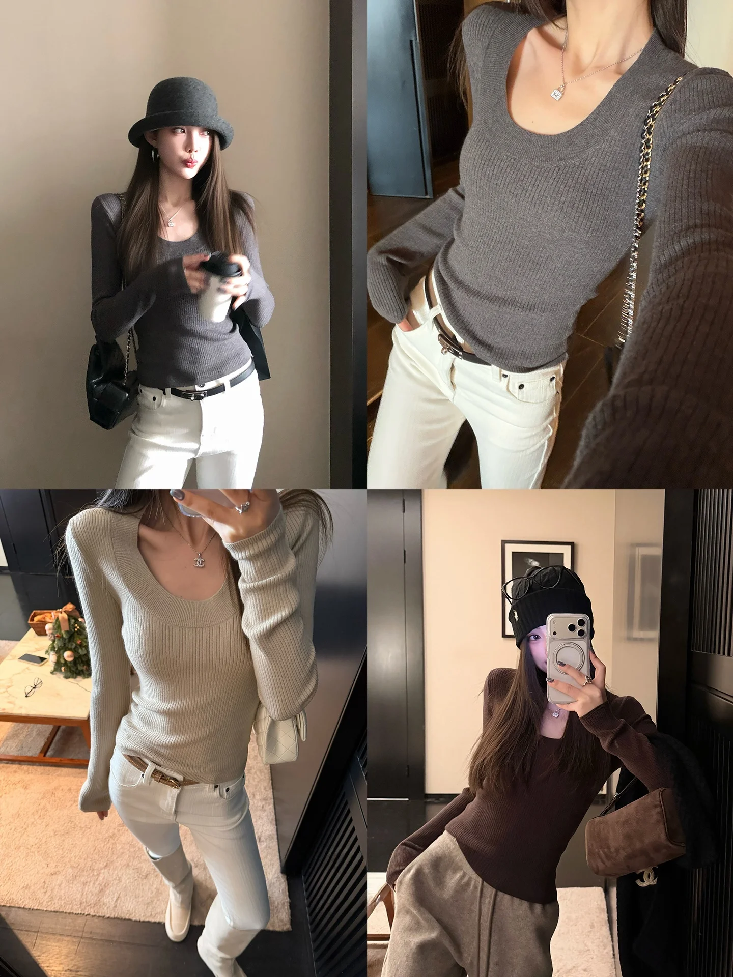 

Bla Bean Humming Knitted Sweater Inner Wear Large U Ne Pit Stripe Versatile Sli Slim Fit Base irt Soft Polyester Fiber