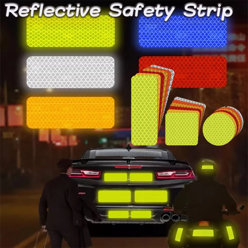 10Pcs Reflective Safety Strip Sticker Exterior Interior Reflector Sticker Waterproof Decals Auto Body Styling Decor 3x8/5x5CM