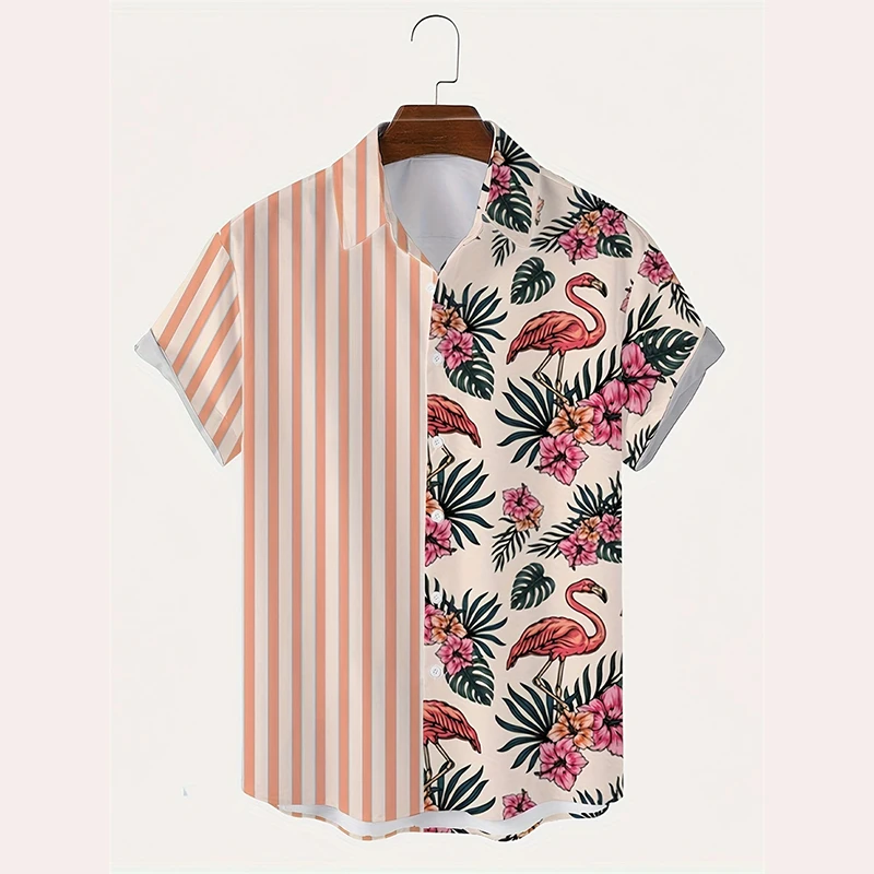 

Flamingo Graphic Stripe Shirt Men's Clothing Trend Street Leisure Loose Button Hawaii Shirts Summer Classic 3D Print Blouse