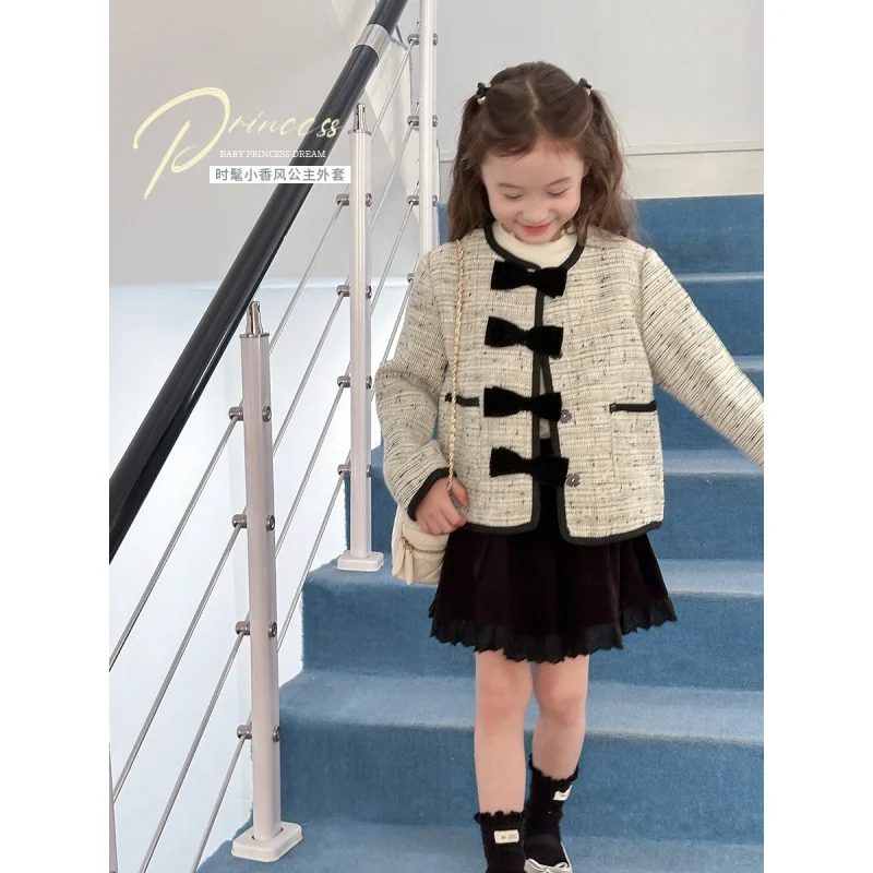 

2024Autumn Medium and Large Little Girl Gold Socialite High-Grade Bow Coat Dress Fashion