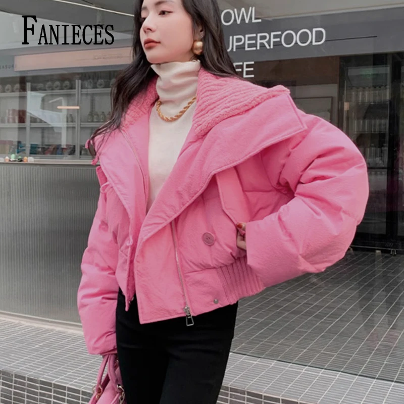 Women Korean Pink Cotton Parkas Outwear Winter Oversize Coat Thick Warm Loose Puffer Jacket Female Solid Fashion Zipper Outwear