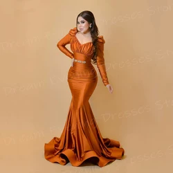 Simple Mermaid Fashionable Women's Evening Dresses Charming V Neck Long Sleeve Prom Gowns Formal Party Pleated Vestido De Noche