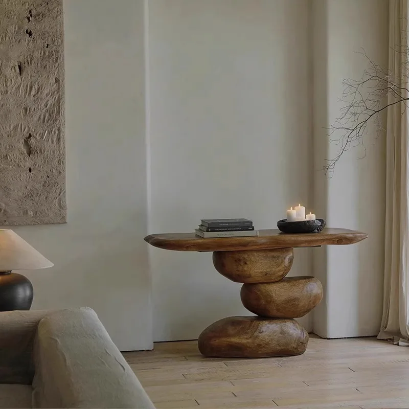 

Nordic solid wood entrance, table against the wall, middle hall, table, wabi-sabi wind B & B designer art rock entrance