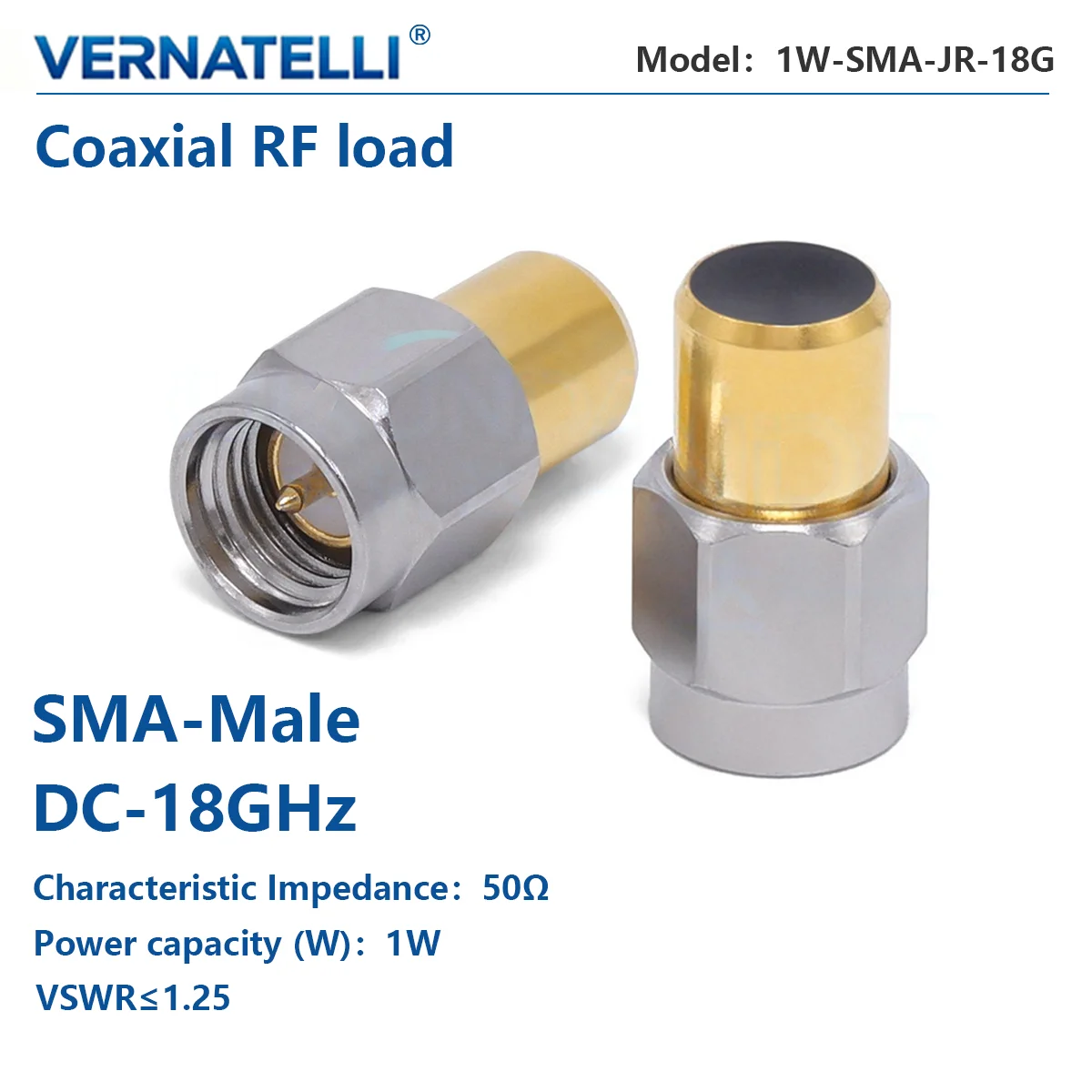 SMA Stainless Steel RF Coaxial Termination Load, DC‑18GHz, 1W, 50 Ohm, VSWR ≤1.15, Model 1W‑SMA‑JR‑18G