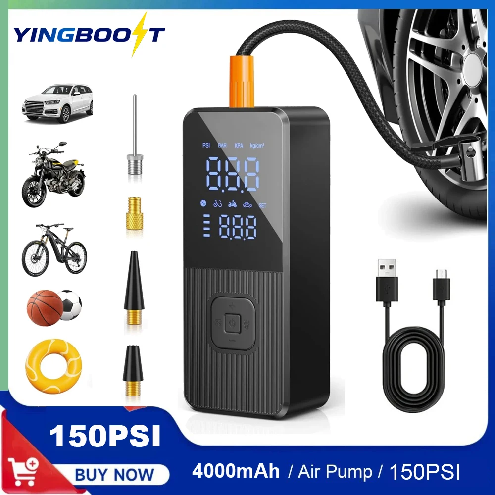 YINGBOOS Tire Air Pump Tire Inflator 150 PSI Air Compressor with Digital Pressure and LED Light for Car, Bike, Motorcycle, Balls