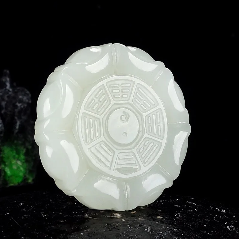 Hetian Eight Directions Wealth White Jade Round Ingot Bagua Pendant Birth