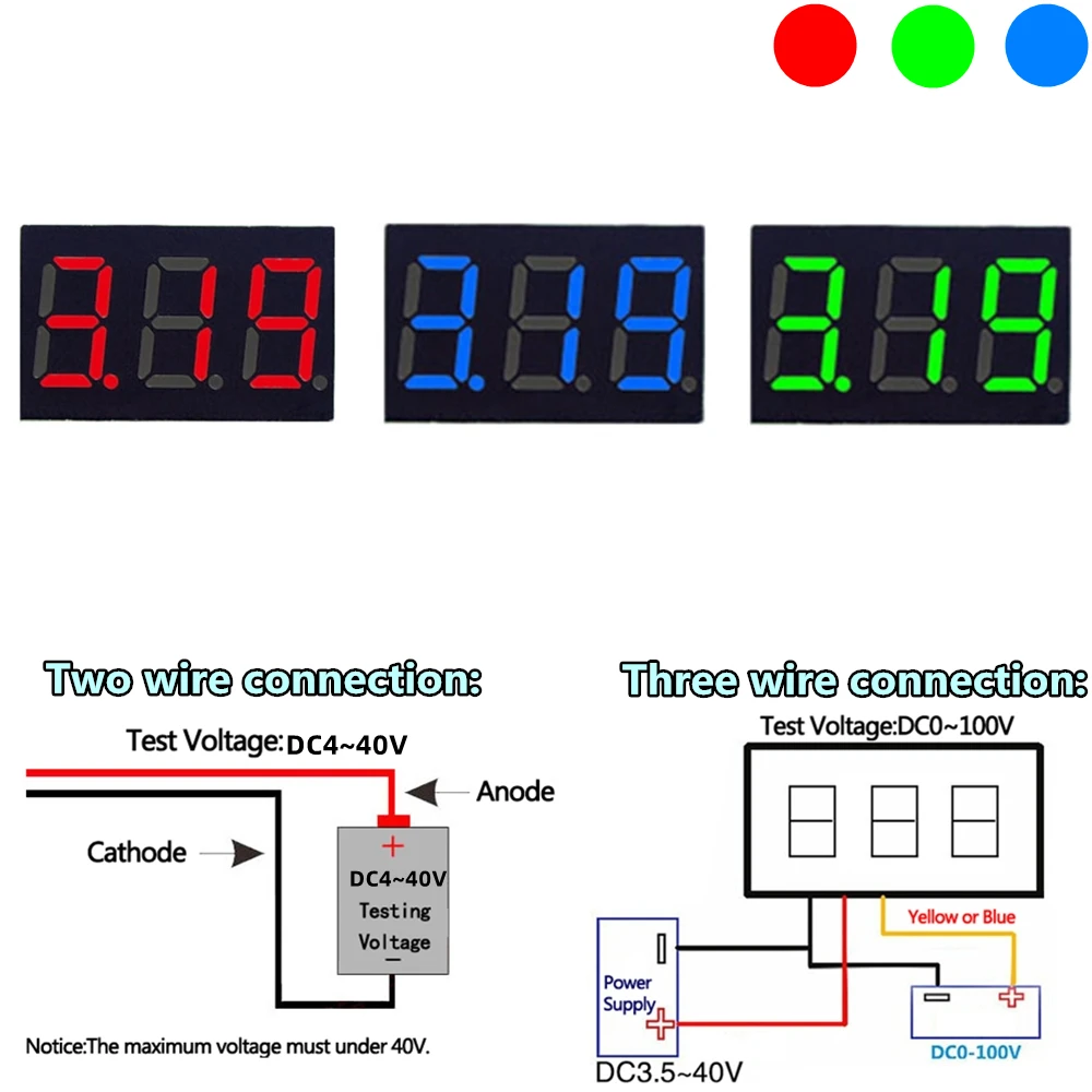 0.36 Red Blue Digital LED Mini Display Module DC2.5V-32V DC0-100V Voltmeter Voltage Tester Panel Meter Gauge for Motorcycle Car