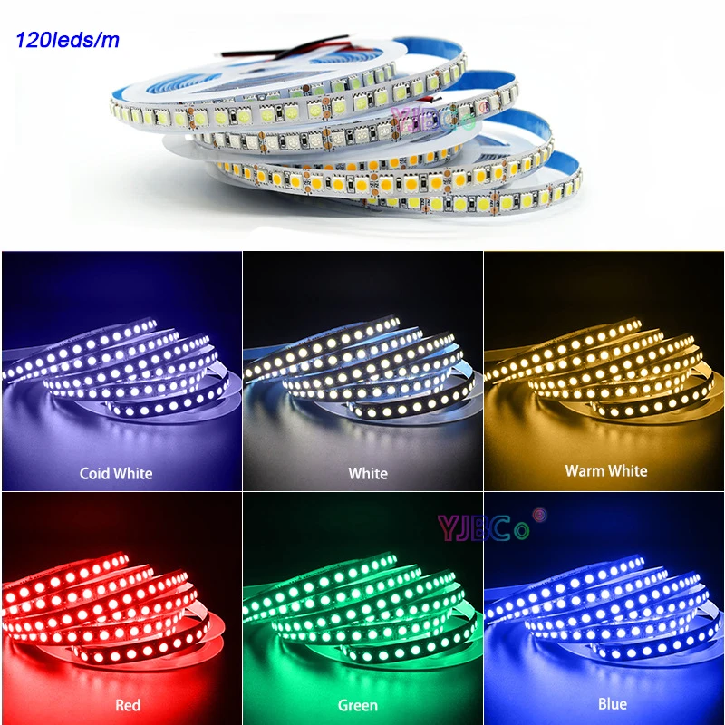 12V 5M Flexible single color LED Strip 120LEDs/m White/Warm White/Red/Green/Blue/RGB/CCT Light tape 60LEDs/m 5050 SMD IP20/IP65