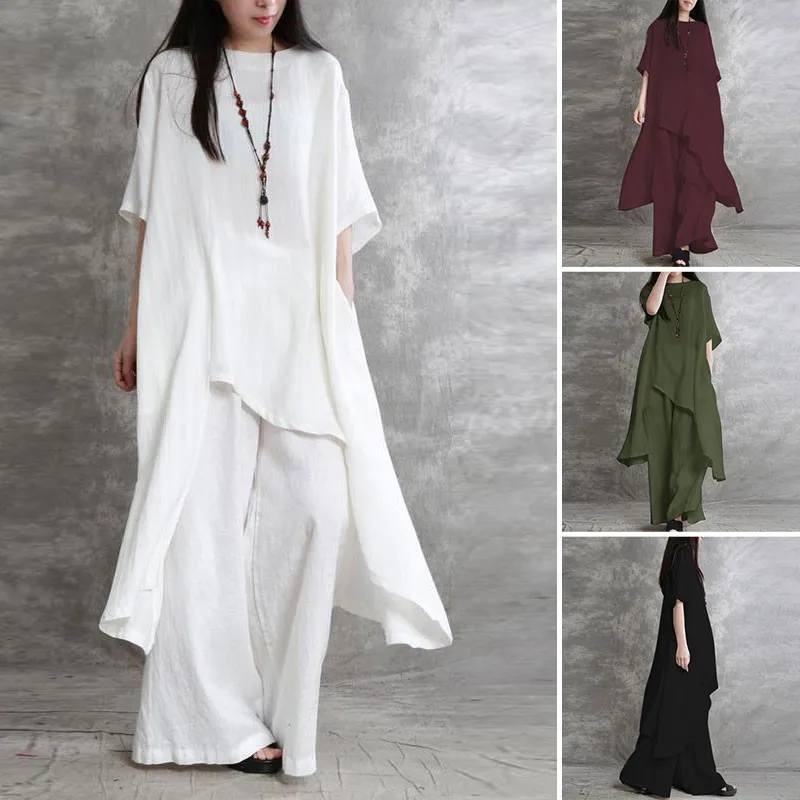 Women\'s Pants Sets Fahsion Solid Color Irregular Hem Long Top O-Neck Half Sleeve Causal Loose Wide Leg Pants Vintage Boho Suits