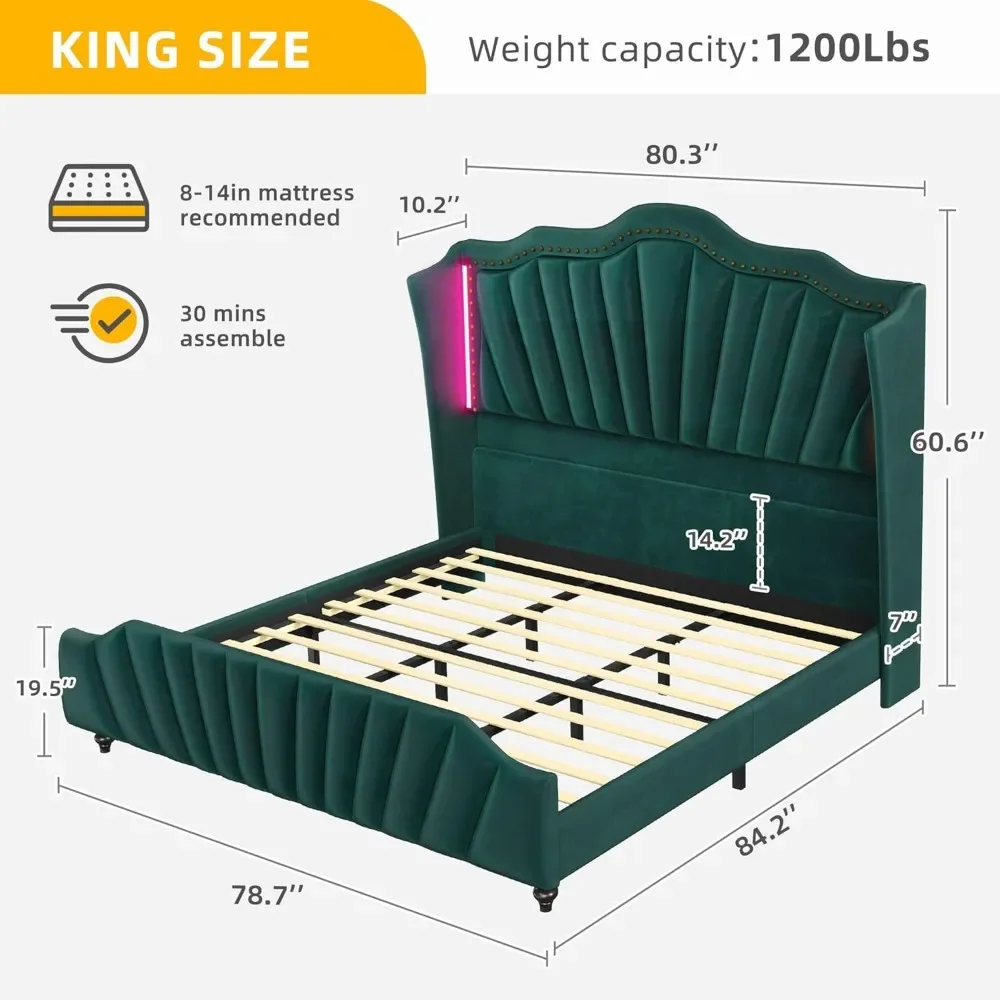 

King Size Platform Bed Frame with 60" Tall Wingback Headboard and Footboard, Velvet Upholstered Bed