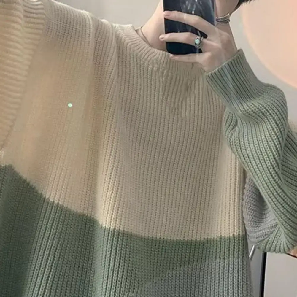 Men Sweater Contrast Color Crew Neck Ribbed Loose Fit Long Sleeves Coldproof Comfy Autumn Winter Knitted Pullover Sweater