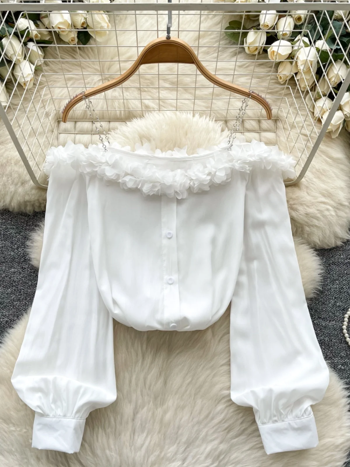 Ele Off-oulder Loose Fit irt with Choker Design And 3D Lace Trim Commute Sle Korean Version Long Sve Spring irt