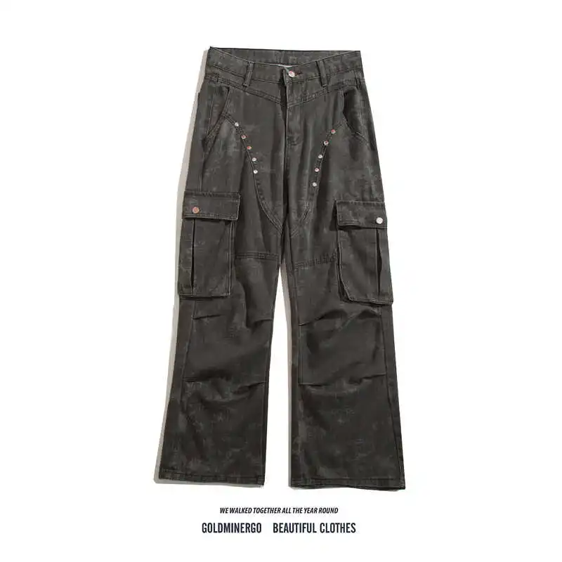 

American High Street Aalyptic Sle Deconstructed Jeans Men's Retro Waed Camo Pleated Micro Flared Long Trousers