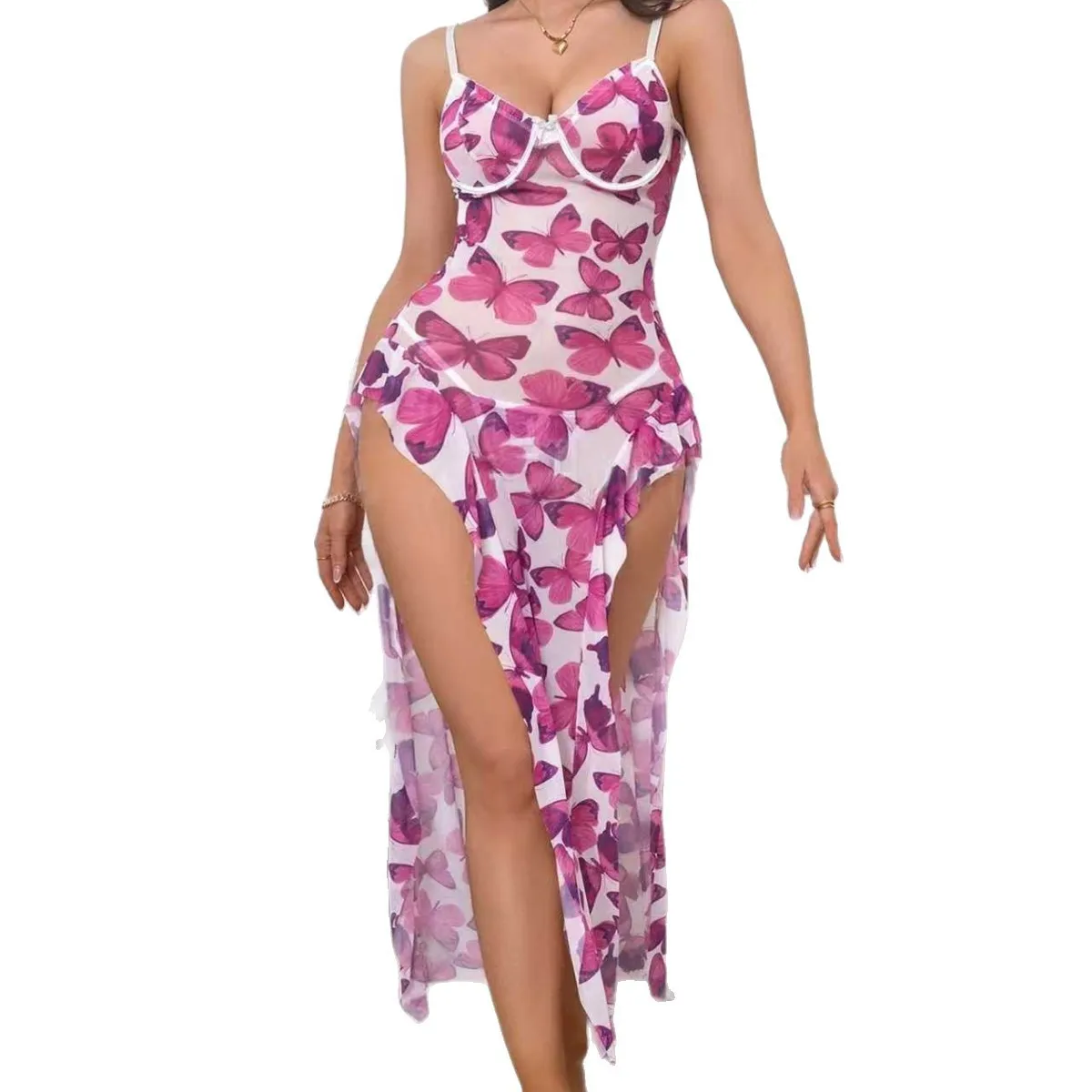 Sexy Sleepwear For Desire Sexy Camisole Long Dress Erotic Sexy Black Pink Butterfly Chemise  Thin Asymmetric Flounce 9TSZ