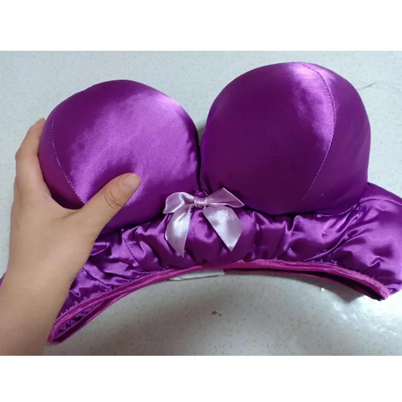 Plus Size Man's Handmade Purple Satin Bow Bra Top Cross-dressing Cosplay Thickened Filled Cotton Soft Silky Touch Lingerie