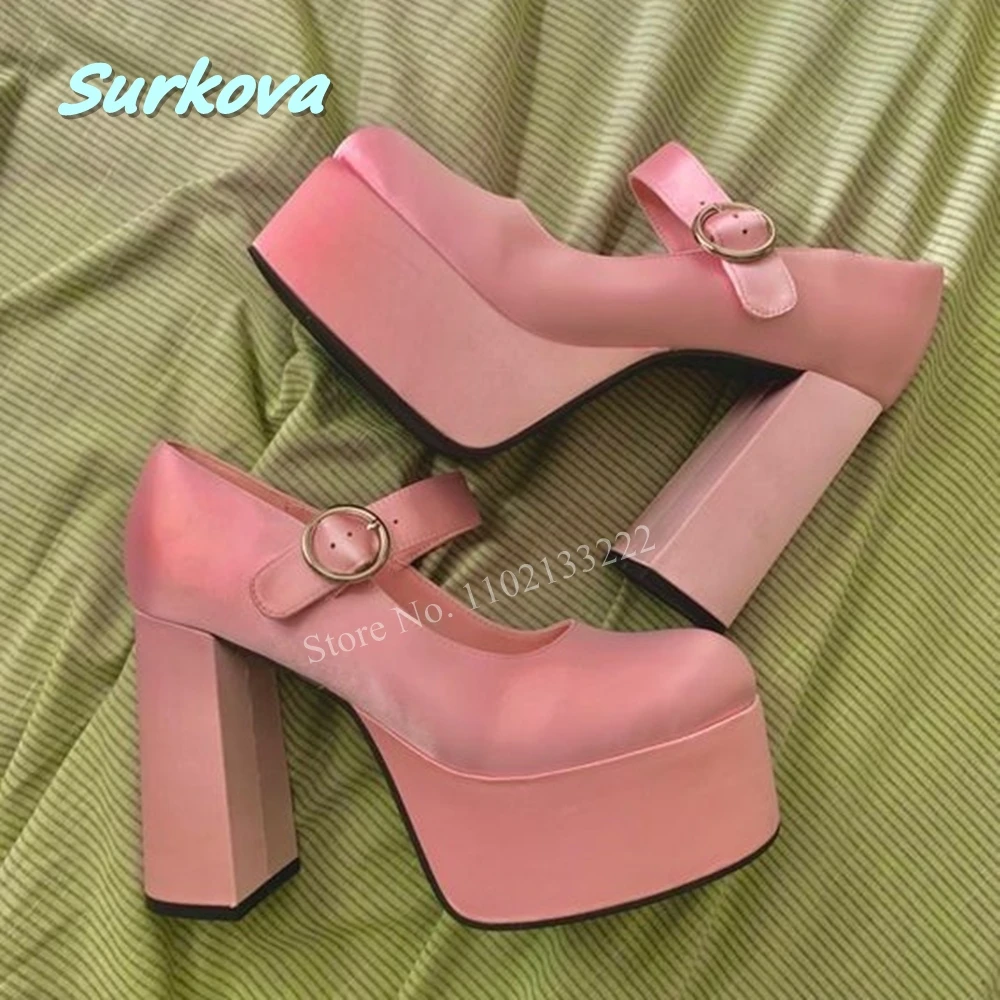 

Pink Suede Platform Ankle Buckle Pumps News Solid Round Toe Super Chunky High Heel Sexy Luxury Women Mary Jane Dress Shoes