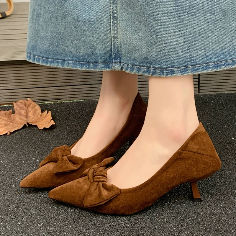 

Bow Women High Heels Shoes Pointed Toe Fashion Suede Elegant Shoes 2026 Spring New Sexy Pumps Dress Elegant Zapatos De Mujer