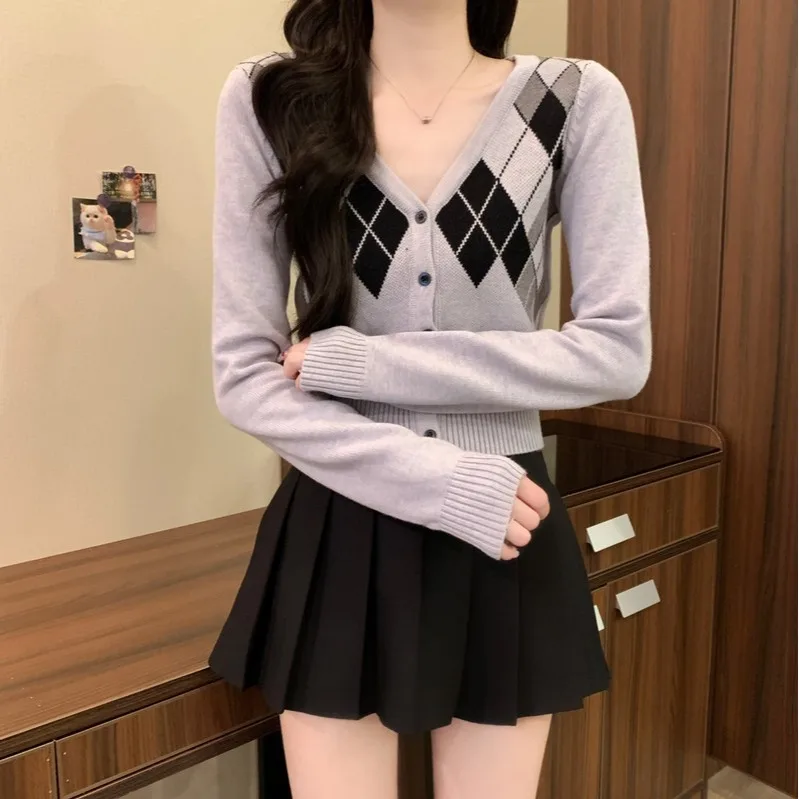 Sle coreano da donna lavorato a maglia con bottoni V-Ne Slim Fit Or Sve Cardigan modello diamante abbigliamento casual autunno inverno nuovo Ar...