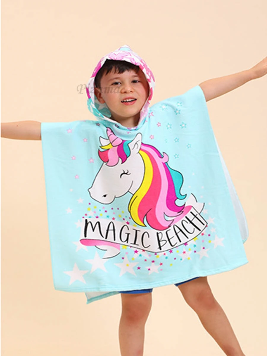 Toddler Baby Girls Unicorn Bathrobes Blue Star Print Wrap Beach Towels Quick Dry Soft Comfortable Kids Hooded Bathrobe Towels