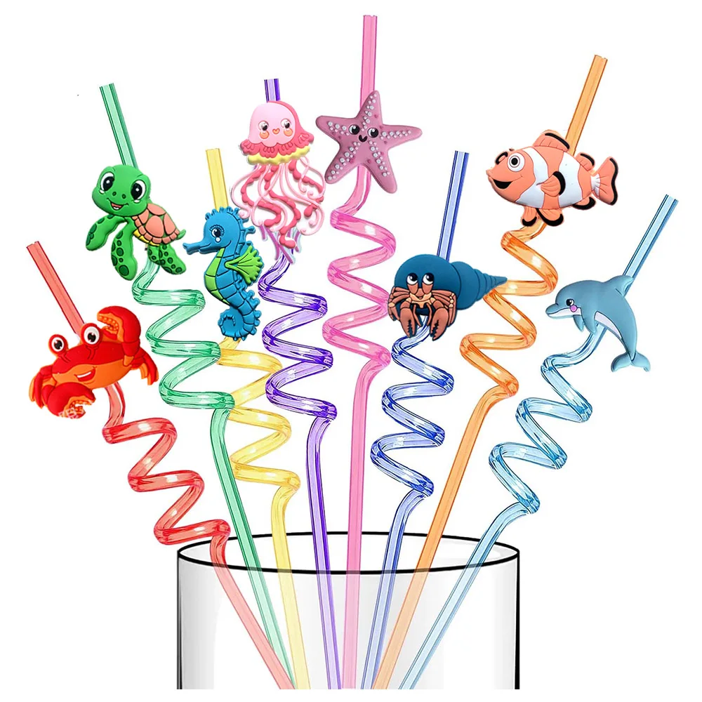 Sea Animals Plastic Drinking Straws Turtle Crab Shark Ocean Animals Keychain Under the Sea Themed Birthday Party Favor Supplies