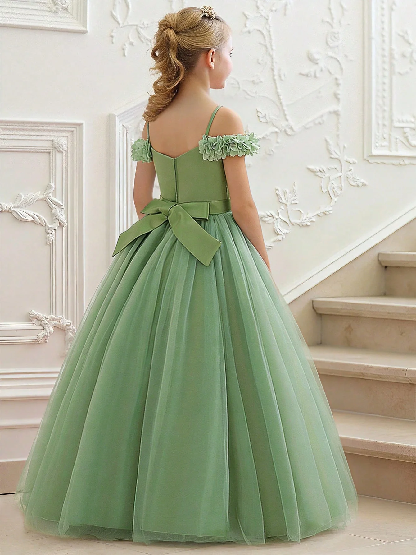 Girl's sage green chiffon flower girl dress, off shoulder flower dress, A-line length formal dress, wedding party fluffy dress