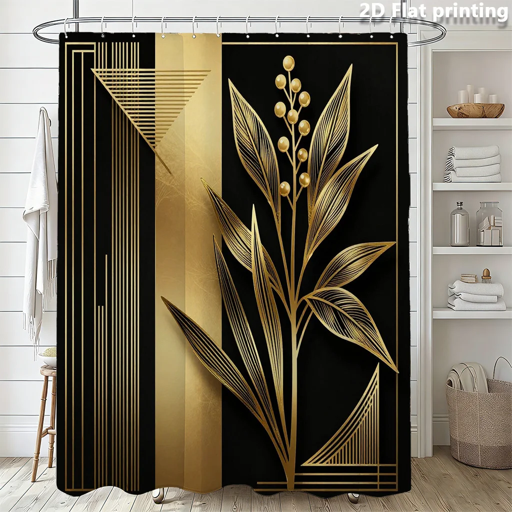 black and gold geometric plant shower curtain for bathroom waterproof moisture proof privacy protection modern art style