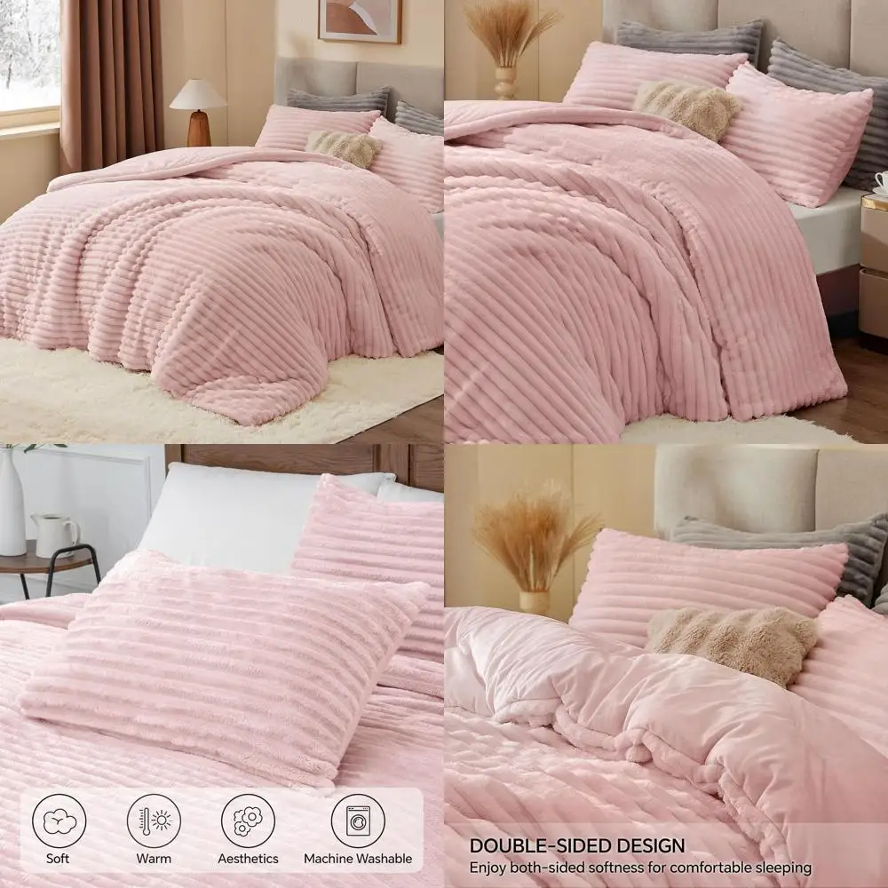 

Ultra Soft & Cozy Pink Fluffy Bedding Set, Luxurious Heavyweight Winter Comforter with 2 Pillowcases